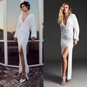 Retrofête White Sequin Maxi Dress XS NWT Bridal Wedding Reception Gown Slit